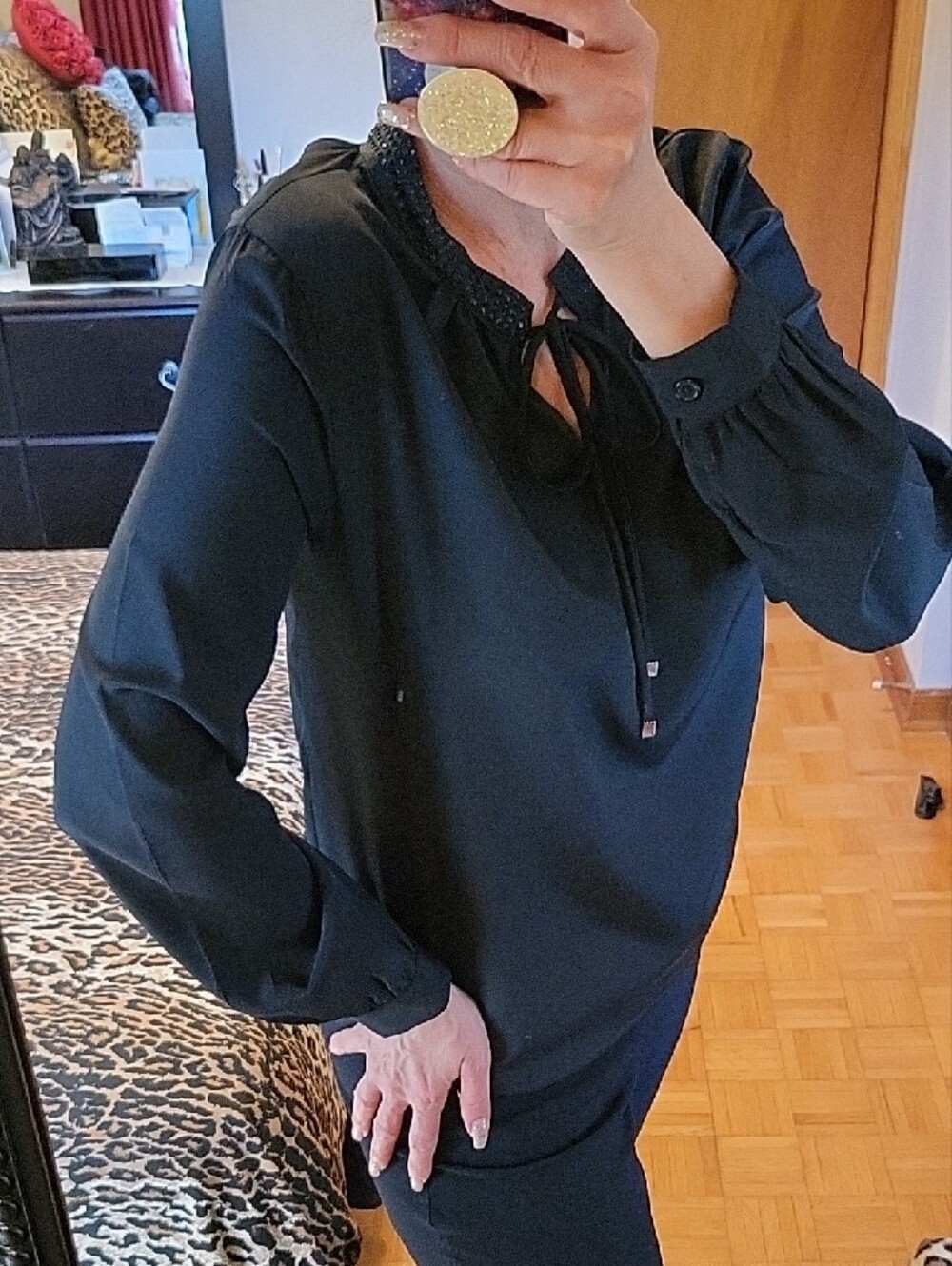 LIKE NEW Elegant Silky Beaded Black Long-Sleeve Tie-Neck Blouse, 6